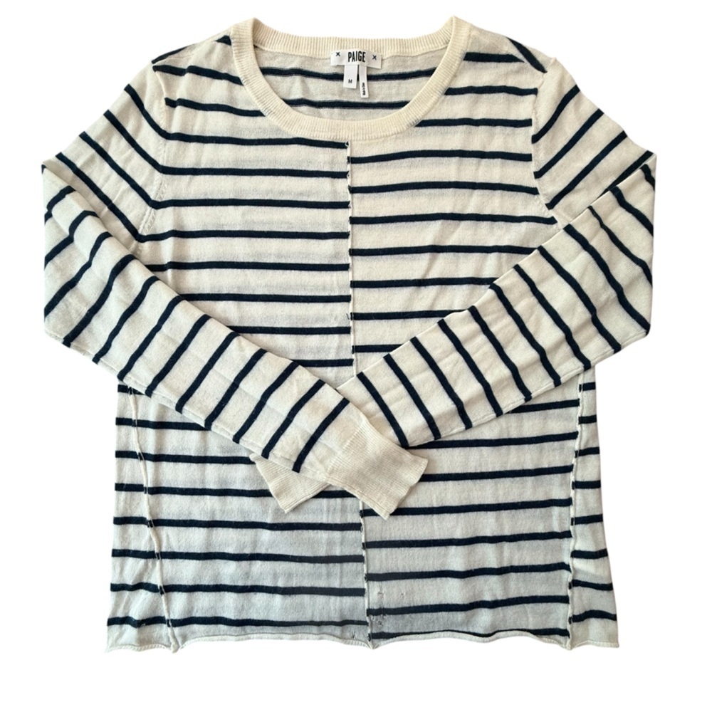 Paige Merino Wool Blend Long Sleeve Striped Crewneck Navy Cream Size Medium